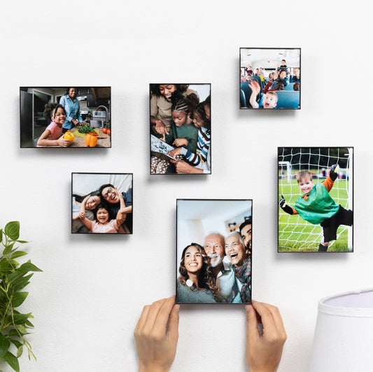 Realnique Black Picture Frames [6 pack - 3 sizes] Patented wall-mounted socket enables quick frame changing, rotating, and floating off-wall appearance. Front loading square photo frames. 2 each 4x4, 4x6 and 5x7.