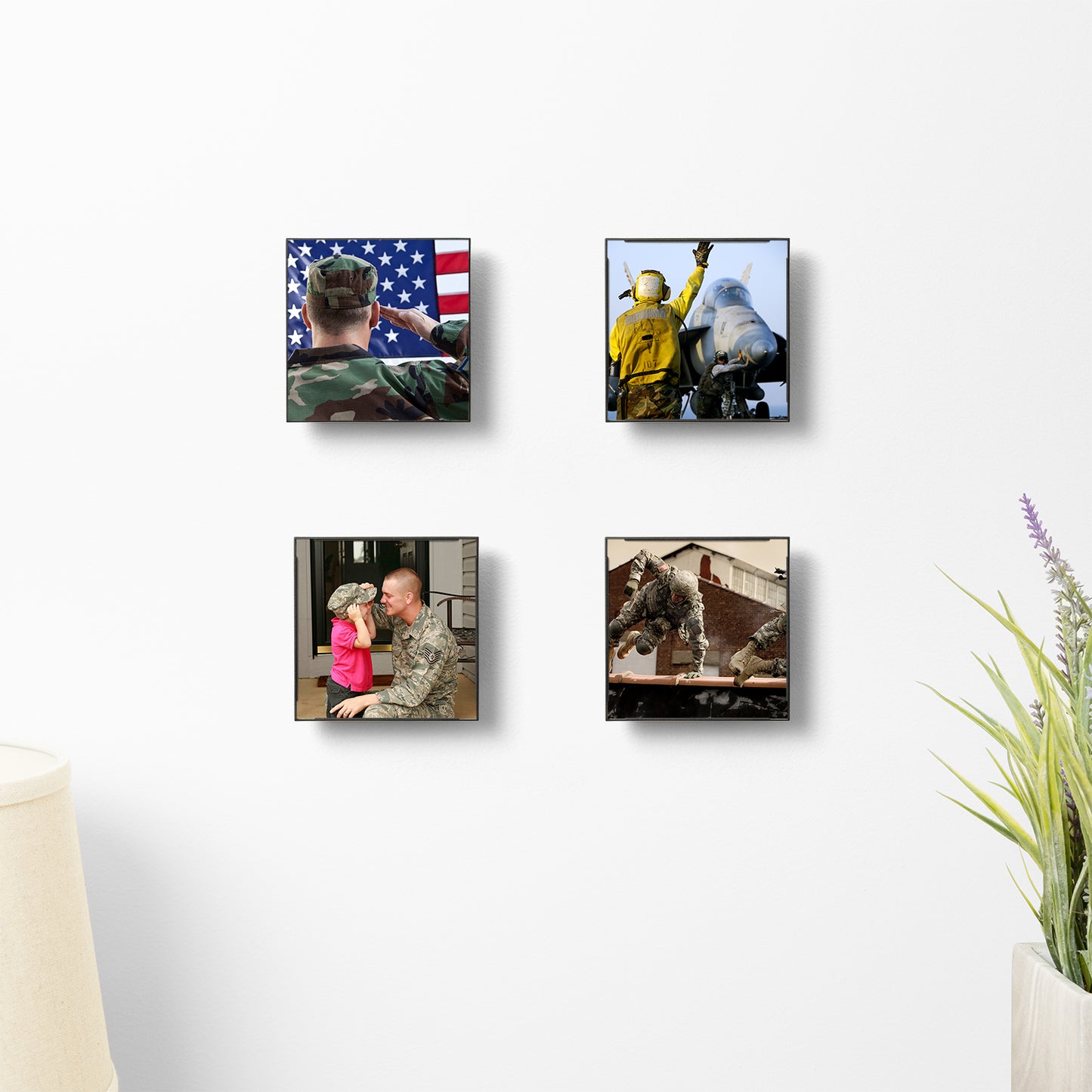 Realnique Black 4x4 Picture Frames [4 pack] Patented wall-mounted socket enables quick frame changing, rotating, and floating off-wall appearance. Front loading square photo frames.