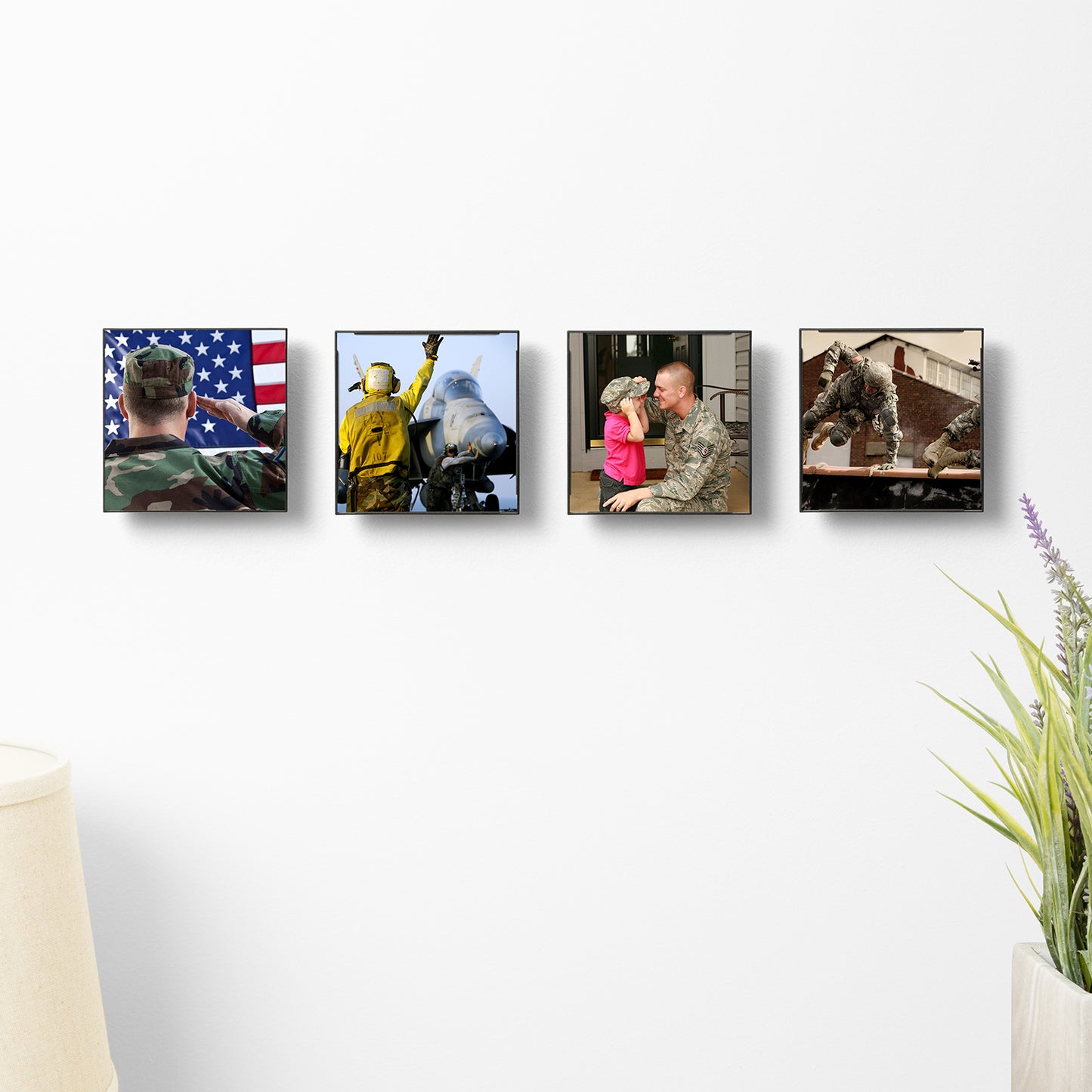 Realnique Black 4x4 Picture Frames [4 pack] Patented wall-mounted socket enables quick frame changing, rotating, and floating off-wall appearance. Front loading square photo frames.