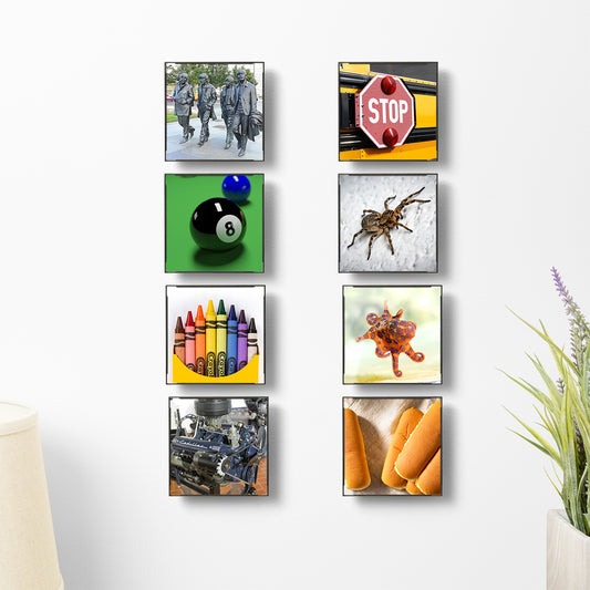 Realnique Black 4x4 Picture Frames [8 pack] Patented wall-mounted socket enables quick frame changing, rotating, and floating off-wall appearance. Front loading square photo frames.