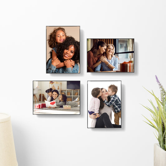 Realnique Black 5x7 Picture Frames [4 pack] Patented wall-mounted socket enables quick frame changing, rotating, and floating off-wall appearance. Front loading photo frames.